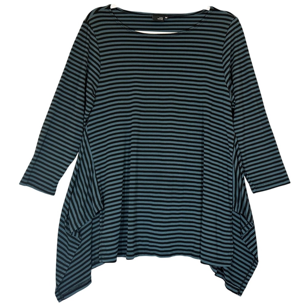 Lisa Bayne Striped Sharkbite Hem Tunic Top Sz M Blue Black Asymmetric Flowy‎